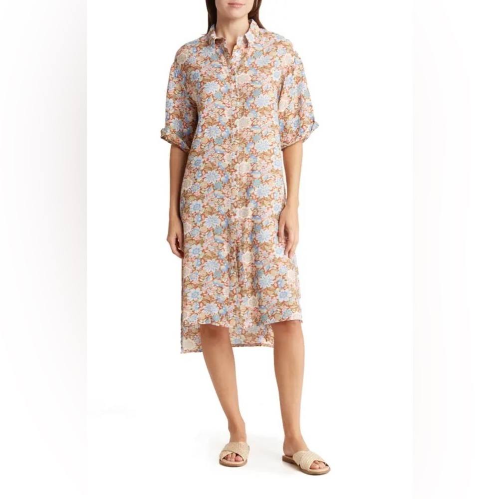 Relaxed Floral Midi Shirt Dress in Beige and Light Blue